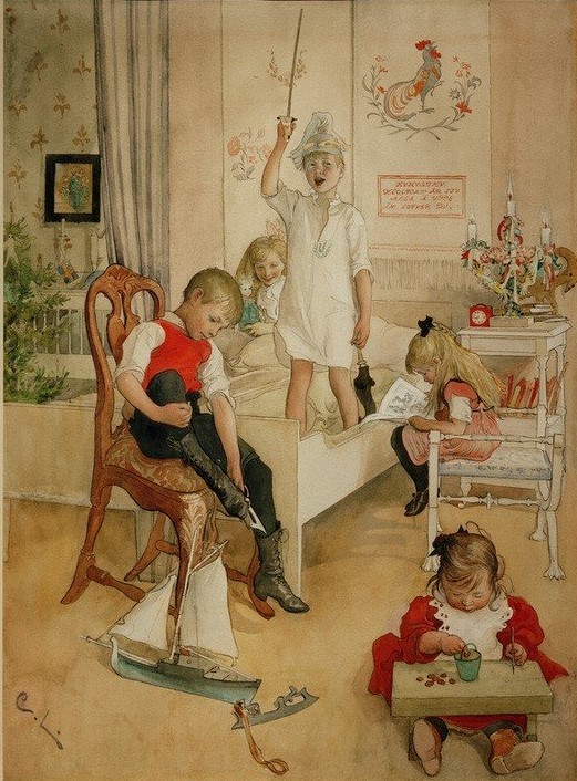 Carl Larsson, Am Morgen des Weihnachtstages (Bett,Feste,Geschwister,Jugendstil,Kinderspiel,Kinderzimmer,Kind,Mädchen,Puppe (Gegenstand),Spielzeug,Szenen Zu Hause,Weihnachten (Kalenderfeste),Wohnung,Segelboot,Kleinkind,Geschenk,Schwedische Kunst,Schlittschuhe,Knabe,Anprobe,Bilderbuch,Familienleben,Ki)