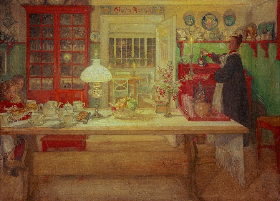 Carl Larsson, Vorbereitungen zu einem kleinen (‘Vira’) Spiel (Familie,Feste,Hausarbeit,Jugendstil,Licht Und Beleuchtung,Mädchen,Mensch,Mutter Und Kind,Petroleumlampe,Volkskunde,Tisch,Lampe,Hausfrau,Mutter Und Tochter,Interieur,Künstlerhaus (Wohnhaus),Schwedische Kunst,Familienleben,Kinderleben,Frauenleben,Gedeckter)