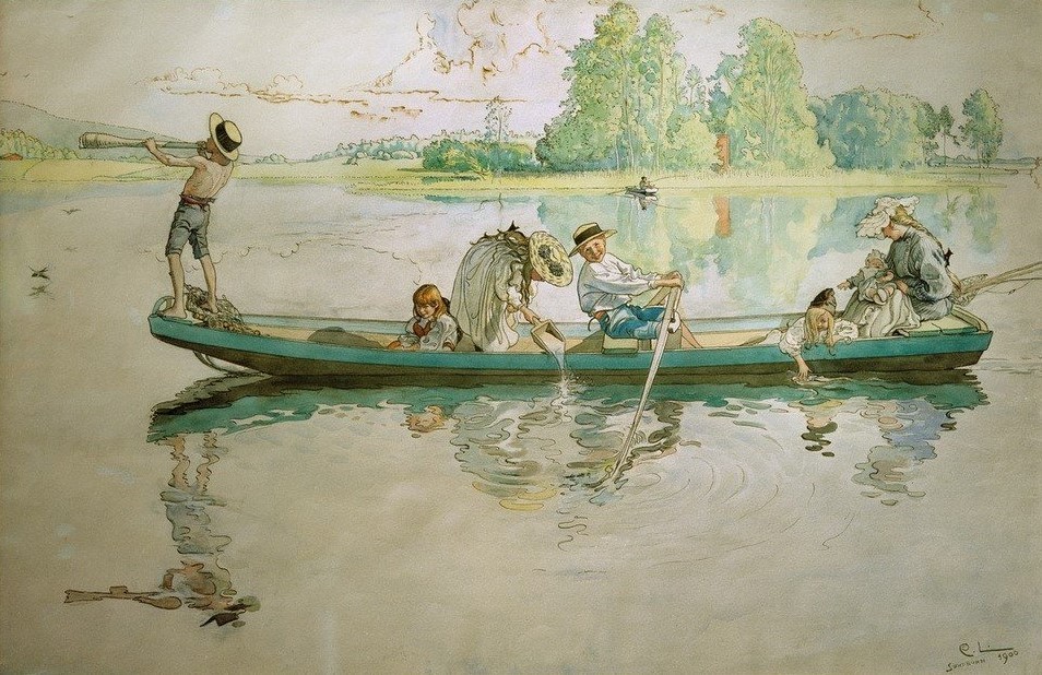 Carl Larsson, Wikingerzug in Dalarna (Blasinstrument,Bootspartie,Boot,Familie,Geschwister,Jugendstil,Kinderspiel,Kind,Mädchen,Freizeit,Rudern,Ruderboot,Schiffstypen,Wikinger,Fluss,Reise,Schwedische Kunst,Knabe,Kinderreiche Familie,Kinderleben,Jahrhundertwende,Horn (Instrument),Fröhlichkeit,Sc)
