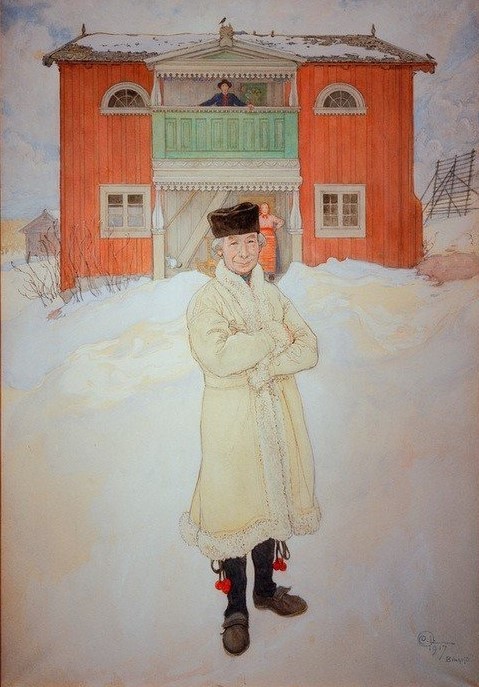 Carl Larsson, Daniel Mats (Haus,Jahreszeiten,Jugendstil,Mann,Mensch,Tracht,Volkskunde,Winter,Wohnhaus (Allgemein),Schnee,Portrait,Pelzmantel,Schwedische Kunst,Winterkleidung,Kappe (Kopfbedeckung),Holzhaus,Ganzfigurig,Troddel)