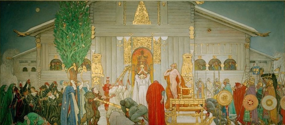 Carl Larsson, Mittwinteropfer, Vierte Skizze (König,Kult,Kunst,Priester,Religion,Treppenhaus,Völkerkunde,Menschenopfer,Schwedische Kunst,Entwurf,Zeremonie,Skandinavische Kunst,Opfer (Religion))