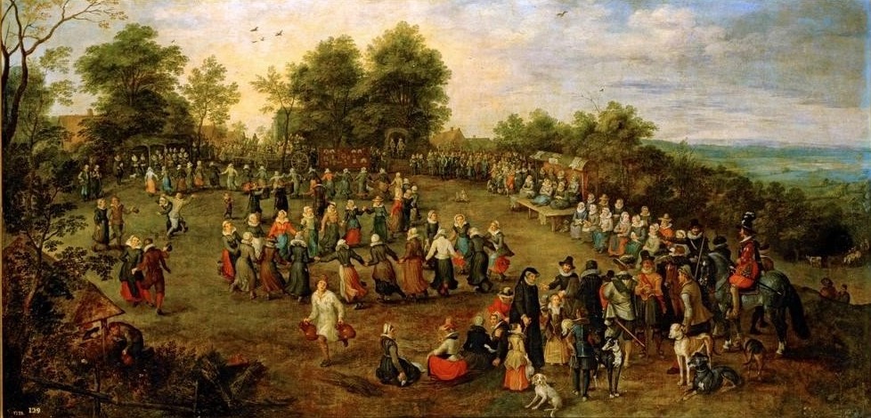 Jan Brueghel der Ältere, Ländliches Fest vor den Herzögen (Fest, Reigen, Tanz, Volksfest,  Bürgertum, Adel, Tanz, Landleben, Ausgelassenheit, Landbevölkerung, gesellig, fröhlich, Genremalerei, Barock, Klassiker, Malerei, Wunschgröße, Wohnzimmer, bunt)