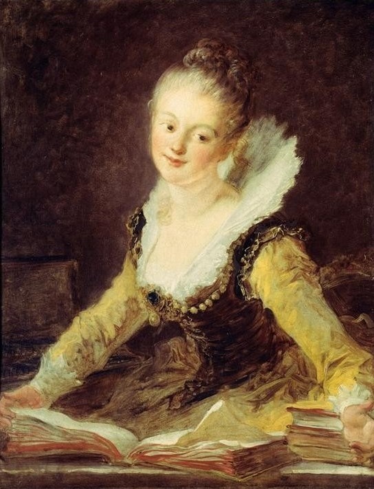 Jean-Honoré Fragonard, L’Étude (Buch, Lesende, junge Frau, Bildung, Lernen, Damenmode,  Lächeln, Spitzenkragen, Treppenhaus, Wohnzimmer, Rokoko, Klassiker, Wunschgröße, Malerei, bunt)