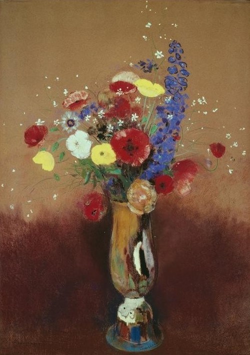 Odilon Redon, Bouquet de fleurs des champs dans un vase à long col (Botanik,Mohn,Stillleben,Blumenstrauss,Vase,Französische Kunst,Feldblume,Blume)