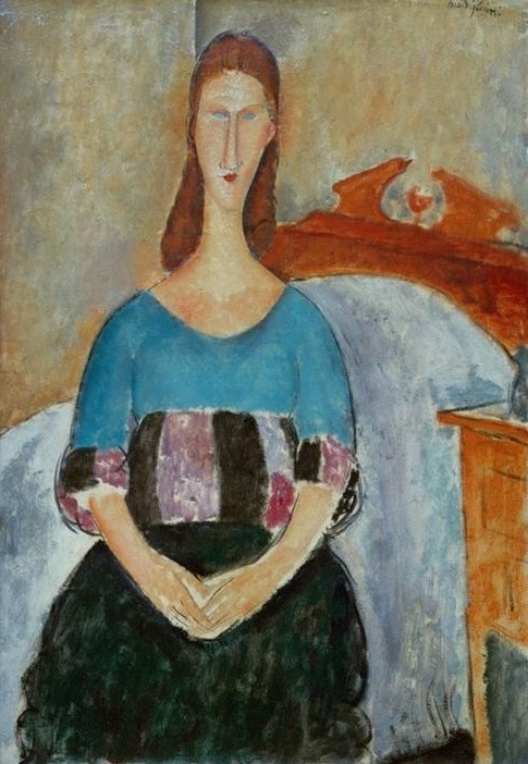 Amedeo Modigliani, Jeanne Hébuterne (Bett,Frau,Maler (Künstler),Schlafzimmer,Portrait,Künstlerfrau,Italienische Kunst,Sitzen,Ecole De Paris,Kniestück,Person)