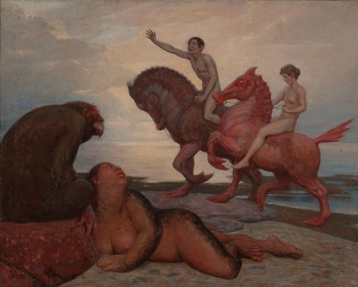 Thomas Theodor Heine, Die Seepferdchen (Deutsche Kunst,Frau,Gewässer,Jugendstil,Küste,Kunst,Mann,Mythologie,Seepferdchen,Reiter,Symbolismus,Akt,Fabelwesen,Seeungeheuer,Greif,Ufer,Reiten)