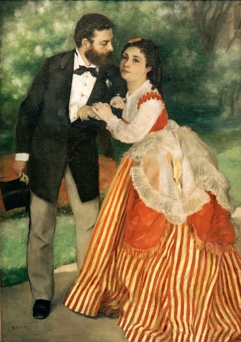 Pierre-Auguste Renoir, Das Ehepaar Sisley (Damenmode,Ehepaar,Garten Und Park,Herrenmode,Künstlerleben,Künstler,Liebe Und Ehe,Maler (Künstler),Menschen Im Park,Mode,Spaziergang,Zylinder (Hut),Künstlerfrau,Französische Kunst,Gehrock,Kleid,Eheleben,Streifen,Arm In Arm)
