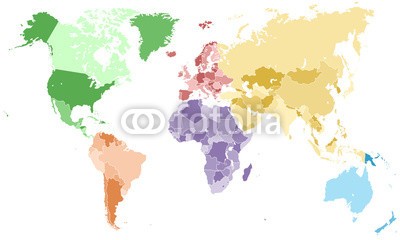 kartoxjm, Weltkarte - einzelne Kontinente in Farbe (hell) (weltkarte, welt, kontinent, kontinent, zeichnen, karte, weltkarte, einzelner, landkarte, vektor, detailliert, landen, kartographie, atlas, grenze, afrika, amerika, südamerika, nordamerika, asien, europa, australien, mittelamerika, welt, erdball, plane)