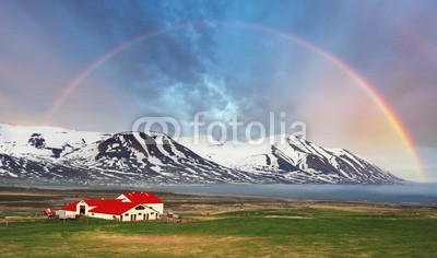 TTstudio, Iceland landspace mountain with rainbow (island, haus, regenbogen, landschaft, berg, natur, rot, reisen, zuhause, bungalow, tourismus, gras, blau, hölzern, anblick, vulkanisch, staat, norden, nord, isländisch, landschaft, typisch, urlaub, bauernhof, grün, sommer, himmel, gebäude, europ)