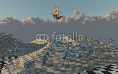 rolffimages, Sailing ship floats on clouds aboce chessboard desert (chess, fantasy, hintergrund, landschaft, board, surreal, schachbrett, abbildung, himmel, wonderland, konzept, abstrakt, entwerfen, kunst, schwarz, spiel, prüfend, horizont, weiß, seltsam, raum, wolken, fairy, spiel, erzählung, viereck, schachbrettmuste)