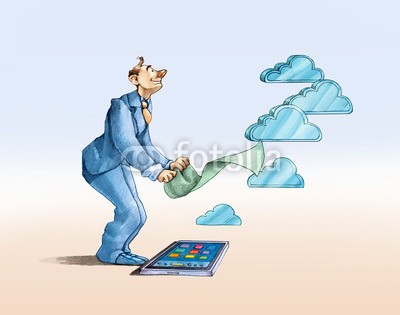 nuvolanevicata, The making of a cloud (mann, zeichen, rauchend, telefon, mobiltelefon, feuer, wolken, erfindung, anwendungen, technologie, meldung, abbildung, konzept, surreal, fantasy, charakter, cartoons, sarkasmu)