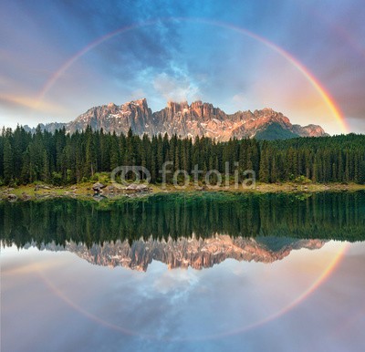 TTstudio, Alps Lake with rainbow - Lago di Carezza, Italy (see, dolomite, italien, regenbogen, alpen, landschaft, berg, schöner, natur, blau, grün, sommer, di, europa, fels, landschaftlich, wasser, anblick, dolomite, baum, tirol, tourismus, wald, italien, himmel, süden, frühling, reisen, natürlich, pik)