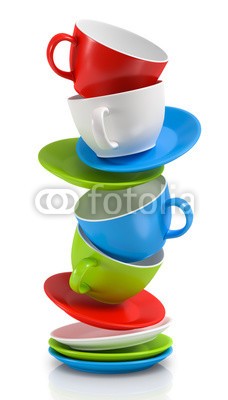 fotomek, bunte Tassen (3d, tassen, kaffeetasse, bunt, aroma, geschmack, geschirr, brotzeit, koffein, pause, china, stapel, büro, frühstücken, unterteller, teller, trinken, spaß, geniessen, espresso, farbe, business, chaos, kollaps, gefahr, freigestell)