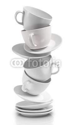 fotomek, weisse Tassen (3d, tassen, kaffeetasse, aroma, geschmack, geschirr, brotzeit, koffein, pause, china, stapel, büro, frühstücken, unterteller, teller, trinken, spaß, geniessen, espresso, weiß, natürlich, business, chaos, kollaps, gefahr, freigestell)