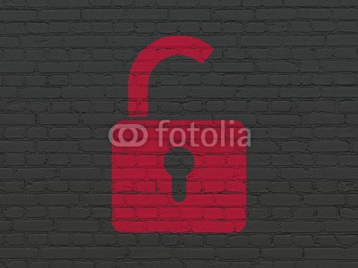 Maksim Kabakou, Information concept: Opened Padlock on wall background (backgrounds, jahrgang, computer, textur, icon, grunge, web, gebäude, wand, malen, sicherheit, meldung, network, key, rot, innovation, schwarz, safety, zeichnung, rosa, verschließen, daten, tresor, backstein, schutz, connection, kulisse, symbo)