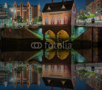 Blickfang, Hamburg Fleetschloesschen (hamburg, hafen, hanse, nacht, beleuchtung, brücke, gebäude, gebäude, kanal, wasser, stadtlandschaft, fenster, backstein, wand, rot, deutsch, europa, fleet, spiegelun)