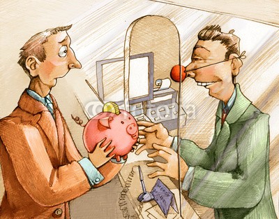 nuvolanevicata, credibility (bank, clown, kapitalanlage, einsparung, ferkel, schwein, währung, geld, trust, zuverlässigkeit, betrug, falle, konto, zweifel, bankhaus, promoter, abbildung, backgrounds, konzept, surreal, fantasy, charakter, cartoons, sarkasmu)