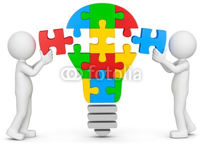 fotomek, 3d Männchen Team Idee (3d, männlich, glühbirne, rätseln, zusammenarbeit, gespann, kreativität, zusammenstellen, insert, geistesprodukt, ideen, funktionen, tauschen, austausch, zusammen, zusammen, beförderung, ankurbeln, entwicklung, konzept, konzept, business, vorhabe)