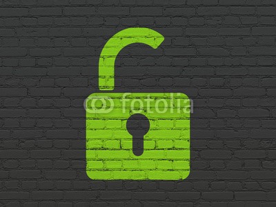 Maksim Kabakou, Data concept: Opened Padlock on wall background (backgrounds, jahrgang, computer, textur, icon, grunge, web, gebäude, grün, licht, wand, malen, sicherheit, meldung, network, key, innovation, schwarz, safety, zeichnung, verschließen, daten, tresor, backstein, schutz, connection, kulisse, symbo)