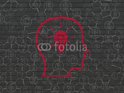Maksim Kabakou, Data concept: Head With Lightbulb on wall background (backgrounds, business, jahrgang, computer, textur, icon, grunge, web, gebäude, wand, hirn, malen, meldung, network, ideen, finanz-, rot, lampe, digitales, innovation, schwarz, zeichnen, zeichnung, rosa, auskunft, daten, backstein, anführer, planes, stur)