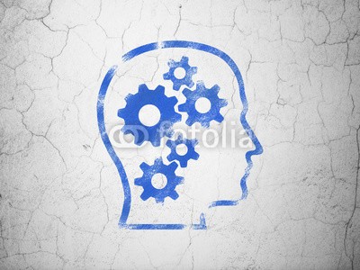 Maksim Kabakou, Data concept: Head With Gears on wall background (business, jahrgang, computer, entwerfen, textur, icon, grunge, technologie, web, retro, wand, hirn, malen, meldung, network, ideen, blau, finanz-, zusammenarbeit, innovation, abbildung, work, antikes, daten, weiß, beton, zahnrad, anführer, sturm, al)