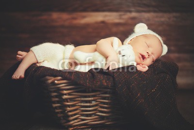 JenkoAtaman, Cute newborn baby in bear hat sleeps in basket with toy teddy be (neugeborenes, baby, spielwaren, bär, teddy, schlafen, unschuld, hübsch, weiß, klein, süss, kind, kind, little, schöner, junge, gesicht, 1, portrait, kaukasier, kindheit, freudig, schönheit, neu, jung, süss, braun, unschuldig, studio, mädche)
