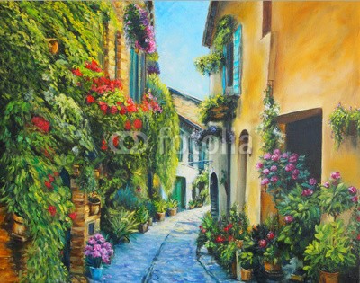 shvets_tetiana, Oil Painting Picture Flower Street in Italy (malerei, kunst, himmel, alt, gebäude, reisen, straße, steine, haus, äusseres, hintergrund, architektur, sommer, busch, blume, sonnenschein, wand, floral, kunstvoll, pflanze, dekoration, town, öl, romantisch, italien, bürgersteig, canvas, hortensi)