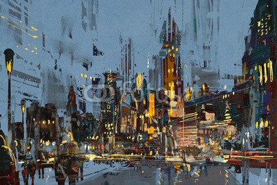 grandfailure, digital painting of city at night with colorful lights. (kunst, abbildung, malerei, kunstvoll, gemälde, wasserfarben, artwork, abstrakt, architektur, gebäude, stadt, stadtlandschaft, bunt, altersgenosse, licht, modern, nacht, nachtleben, szenerie, straße, lebendig, blau, grung)