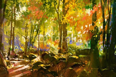 grandfailure, bright forest,beautiful nature in spring,illustration painting (kunst, abbildung, malerei, kunstvoll, gemälde, wasserfarben, artwork, schöner, wald, grün, landschaft, licht, natur, szenerie, landschaftlich, beschaulichkeit, baum, fels, herbst, frisch, morgens, bunt, niemand, sunligh)