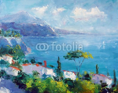 shvets_tetiana, Art Oil Painting Picture Sea Summertime (meer, öl, malerei, sommer, seelandschaft, insel, himmel, blau, wasser, landschaft, grün, anblick, fels, weiß, haus, baum, sommer, busch, urlaub, wand, kunst, floral, kunstvoll, pflanze, hell, bild, bunt, abbildung, stil, farbe, berg, schönheit, mari)