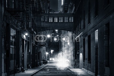 mandritoiu, Moody monochrome view of Staple street skybridge by night, in Tribeca, New York City (new york city, manhattan, new york city, gasse, architektur, schwarz, brücke, gebäude, stadt, stadtlandschaft, dunkel, menschenleer, downtown, leer, nebel, nebelig, düster, historisch, ikonenhaft, orientierungspunkt, landschaft, licht, herabsetzen, nebe)