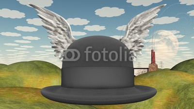 rolffimages, Winged Hat in surreal landscape (freiheit, frei, chapeau, flügel, beflügelt, melone, englisch, surreal, landschaft, fabrik, industrie, rauch, gewerblich, konzept, backgrounds, welt, fiktion, pflanze, tapete, welt, horizont, posters, kontrast, ländliche, idyllisch, bizarre, lee)