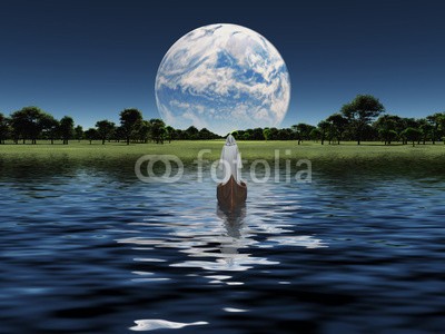 rolffimages, Figure in white robe in boat with blue Planet on the horizon (boot, canoe, zivilisation, kolonisation, kolonie, kosmos, welt, überirdisch, phantastisch, fantasy, fiktion, schwimmen, zukunft, galaxies, global, erdball, menschlich, interstellar, luna, mond, monks, mond, ozean, planet, morgenmantel, sci-fi, sci-f)