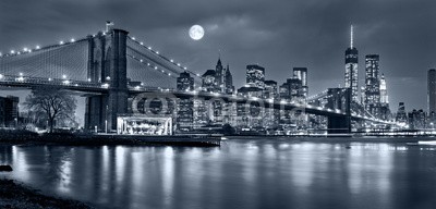 bluraz, Night panorama of of New York City with the moon in the sky (gebäude, reisen, nacht, skyline, new york city, manhattan, states, urbano, architektur, äusseres, skyscraper, uns, berühmt, abenddämmerung, outdoors, downtown, himmel, angestrahlt, altersgenosse, blau, wasser, horizontale, panoramisch, twiligh)
