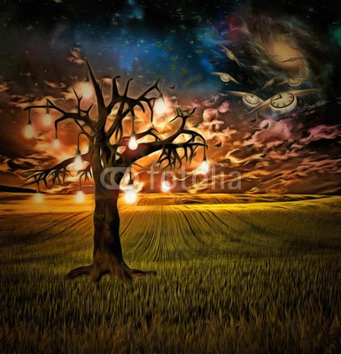 rolffimages, Bulb tree of ideas with surreal space background (astral, schöner, zwiebel, uhren, konzept, konzeptionell, kosmos, kreativ, kreativität, elektrizität, energie, ewig, ewiges leben, abend, fantasy, feld, fliege, fliegender, zukunft, galaxies, himmel, ideen, beleuchtung, vorstellung, innovatio)