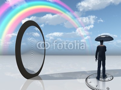 rolffimages, man with umbrella and mirror opening (spiegel, türen, tür, kräuseln, fallen lassen, regenbogen, wetter, zeit, uhren, ewig, einträchtig, geheimnisvoll, mysterium, eingang, öffnung, dimensional, abmessung, foto, mann, surreal, regenschirm, fantasy, konzept, wolken, traum, abstrak)