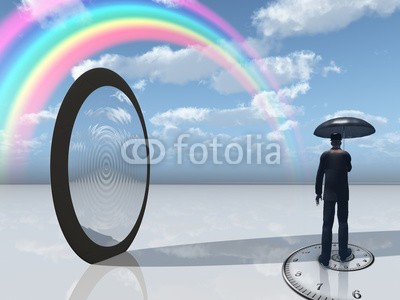 rolffimages, man with umbrella and mirror opening (spiegel, türen, tür, kräuseln, fallen lassen, regenbogen, wetter, zeit, uhren, ewig, einträchtig, geheimnisvoll, mysterium, eingang, öffnung, dimensional, abmessung, foto, mann, surreal, regenschirm, fantasy, konzept, wolken, traum, abstrak)