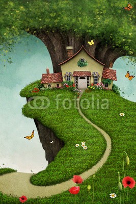 annamei, Fantasy card or illustration of  nice house on  large rock near the tree (kunst, fantasy, begrüssung, abbildung, fels, baum, natur, landschaft, park, ökologie, umwelt, grün, schöner, frühling, sommer, jahreszeit, mai, june, juli, august, pflanze, blühen, blume, blumenbeet, haus, bauform, familie, fröhlichkeit, freundlic)