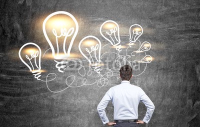 denisismagilov, Idea concept man and lightbulbs (ideen, konzept, schultafel, sketch, angestrahlt, mann, guy, männlich, kaufmann, kaukasier, attraktiv, fürsorglich, denkend, jung, erwachsen, erfindung, elektrizität, gezeichnet, schultafel, erfolg, energie, brainstorming, ausbildung, abstrac)