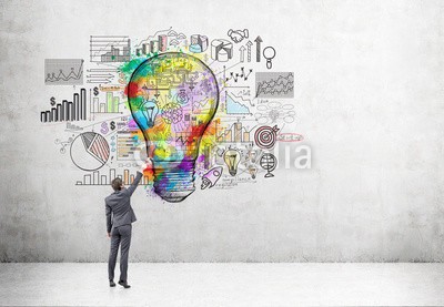 denisismagilov, Creative business idea in room (kreativ, business, ideen, konzept, unternehmer, sketch, zeichnung, kritzeleien, bunt, kunst, malen, beton, wand, backgrounds, zeichnen, graph, diagramm, werkstätte, seminar, hirn, sturm, marketing, vorstellung, inspiration, brainstorming, kreativitä)