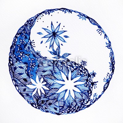 benjavisa, yin yang symbol watercolor painting minimal design hand drawn (abstrakt, kunst, artwork, asien, hintergrund, blau, bürste, keramik, chakra, chinese, farbe, entwerfen, zeichnung, floral, blume, grafik, frieden, heilung, gesundheit, gesund, ganzheitlich, icon, abbildung, japan, japanisch, firmenlogo, mandala, geis)