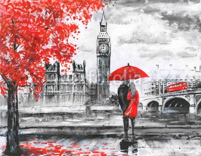 lisima, .oil painting on canvas, street view of london, river and bus on bridge. Artwork. Big ben. man and woman under a red umbrella (acryl, architektur, kunst, artwork, hintergrund, big ben, schwarz, britischer, gebäude, stadt, wolkengebilde, reiseziel, zeichnung, england, englisch, europa, europäisch, berühmt, abbildung, eindrucksvoll, orientierungspunkt, london, öl, malerei, par)