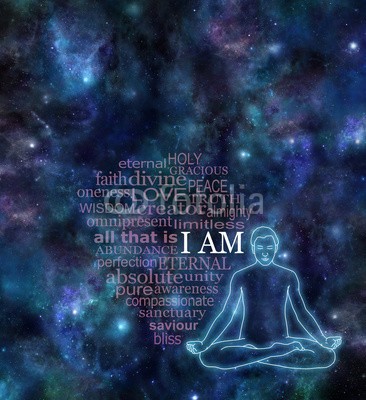 Nikki Zalewski, I AM Meditation Word Cloud  - Night sky deep space background dark banner with  male lotus position glowing silhouette on right side and a transparent word cloud surrounding I AM in white (achtsamkeit, meditation, bewusstsein, meditieren, yoga, heilung, kosmisch, göttlich, erleuchtung, guru, ganzheitlich, einträchtig, spiritual, zeitlos, gedanken, zen, religion, om, raum, new age, holismus, dunkel, nachthimmel, outer space, galaxie)