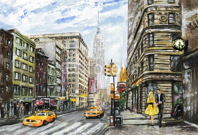 lisima, oil painting on canvas, street view of New York, man and woman, yellow taxi,  modern Artwork,  American city, illustration New York (new york city, amerika, grau, pastell, triptychon, taxi, modern, mann, garniert, skyline, urbano, manhattan, town, acryl, architektur, kunst, kunstvoll, artwork, hintergrund, schwarz, gebäude, stadt, reiseziel, zeichnung, berühmt, abbildung, eindrucksvol)