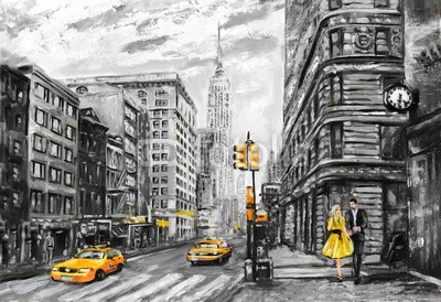 lisima, oil painting on canvas, street view of New York, man and woman, yellow taxi,  modern Artwork, New York in gray and yellow colors, American city, illustration New York (new york city, amerika, grau, pastell, triptychon, taxi, modern, mann, garniert, skyline, urbano, manhattan, town, acryl, architektur, kunst, kunstvoll, artwork, hintergrund, schwarz, gebäude, stadt, reiseziel, zeichnung, berühmt, abbildung, eindrucksvol)