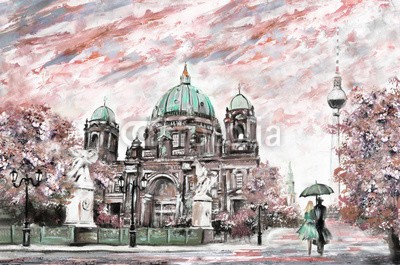 lisima, oil painting on canvas, street view of Berlin,  Artwork European landscape in sepia, green and pink color. man and woman under umbrella. Trees, Cathedral, Tower (berlin, dom, deutsch, abstrakt, architektur, kunst, kunstvoll, artwork, hintergrund, gebäude, canvas, charmant, stadt, wolken, wolkengebilde, bunt, reiseziel, europa, europäisch, berühmt, französisch, grün, historisch, abbildung, eindrucksvol)