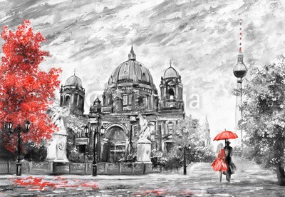 lisima, oil painting on canvas, street view of Berlin,  Artwork European landscape in black, white and red color. man and woman under umbrella. Trees, Cathedral, Tower (berlin, dom, deutsch, abstrakt, architektur, kunst, kunstvoll, artwork, herbst, hintergrund, schwarzweiß, gebäude, canvas, stadt, wolken, wolkengebilde, bunt, reiseziel, europa, europäisch, berühmt, gestalten, französisch, historisch, abbildun)