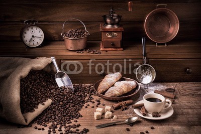 luigi giordano, colazione del mattino,still life (kaffee, warm, schwarz, kaffeebohne, frühstücken, morgens, croissant, croissant, süss, jahrgang, stilleben, kaffeetasse, puderzucker, sugar, löten, schleier, gewürz, sternanis, zimt, kaffeemühle, uhre)