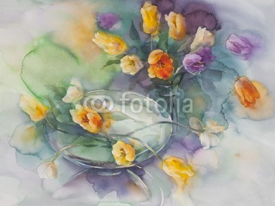 Egle, color tulips on green violet background watercolor (wasserfarben, frühling, abbildung, blume, entwerfen, hintergrund, natur, floral, malerei, jahrgang, tulpe, blühen, pflanze, dekorativ, blumenstrauss, sommer, karte, farbe, gelb, zeichnung, gärten, papier, abbild, einladung, kunst, verdammt, knosp)