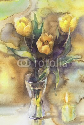 Egle, yellow tulips with candle watercolor (wasserfarben, frühling, abbildung, blume, entwerfen, hintergrund, natur, floral, kerze, malerei, jahrgang, tulpe, blühen, pflanze, dekorativ, blumenstrauss, sommer, karte, farbe, gelb, zeichnung, gärten, papier, abbild, einladung, kunst, verdammt, knosp)